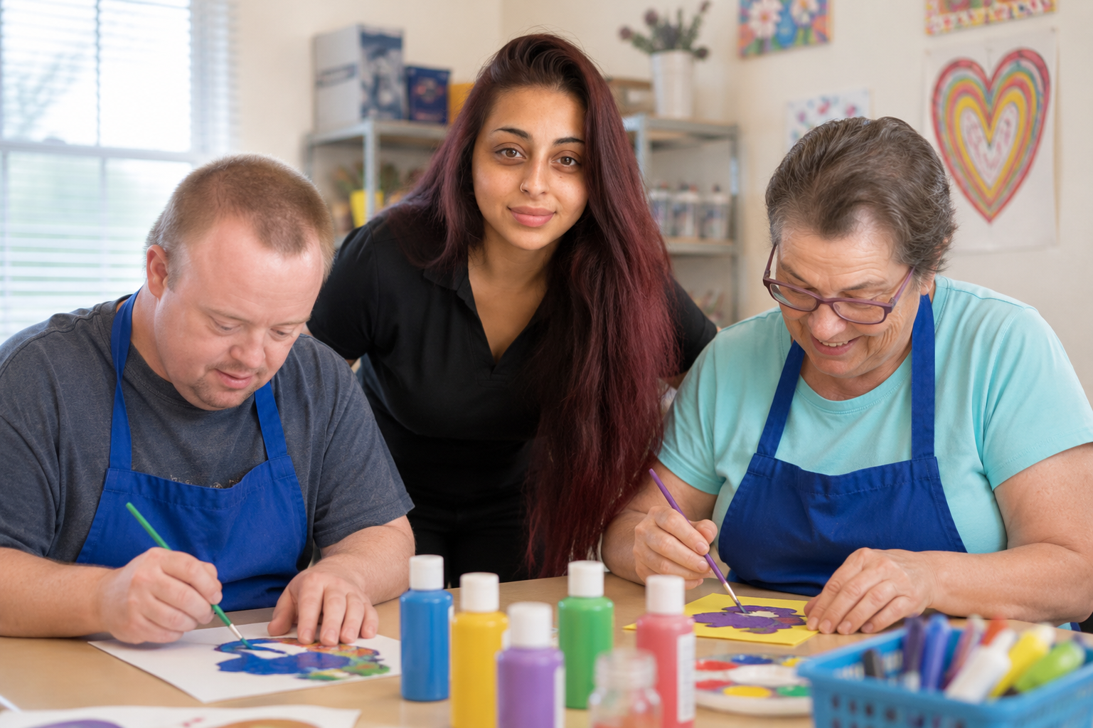 Taleen spending time with adults with special needs during a creative painting activity