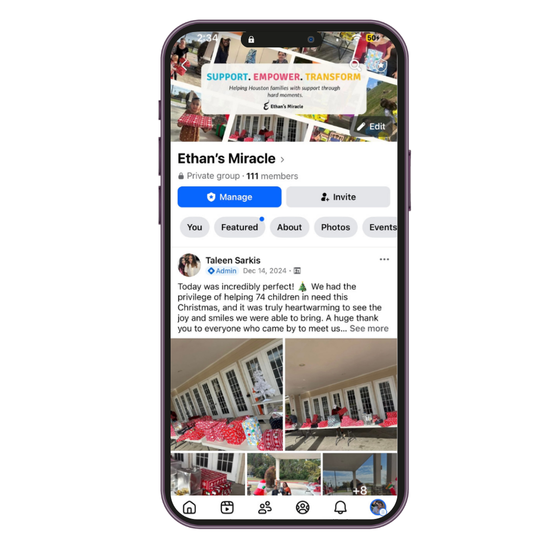 iPhone showing Ethan's Miracle Facebook community group
