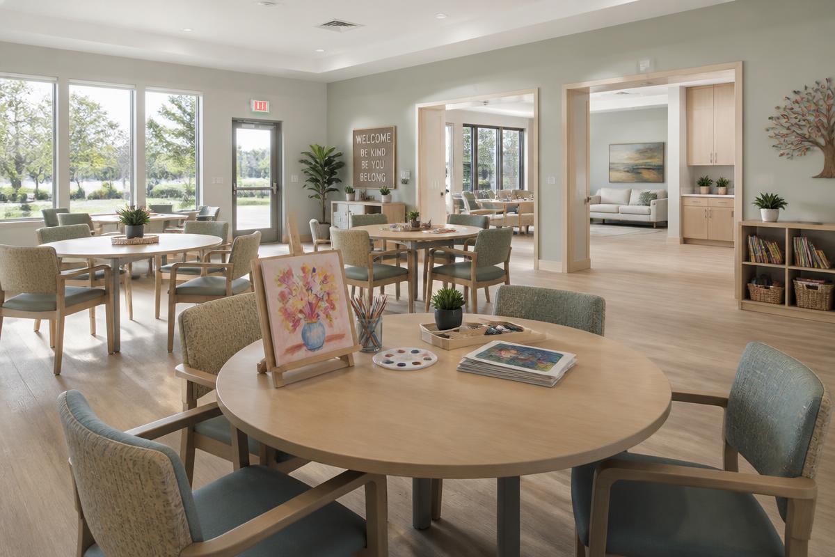 Rendering of a bright activity room inside the planned Life Enrichment Center