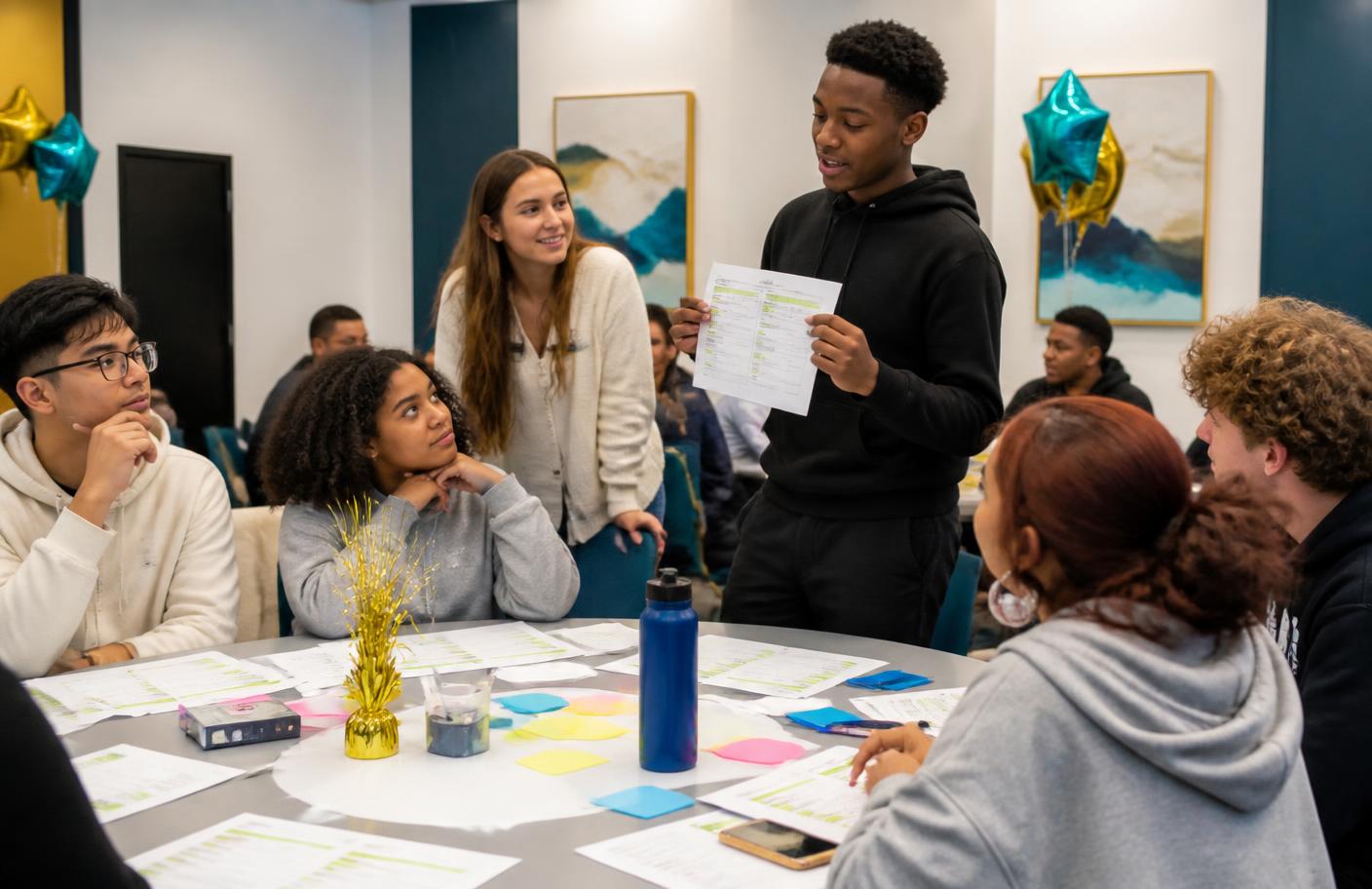 Teens and young adults learning money management skills in a workshop